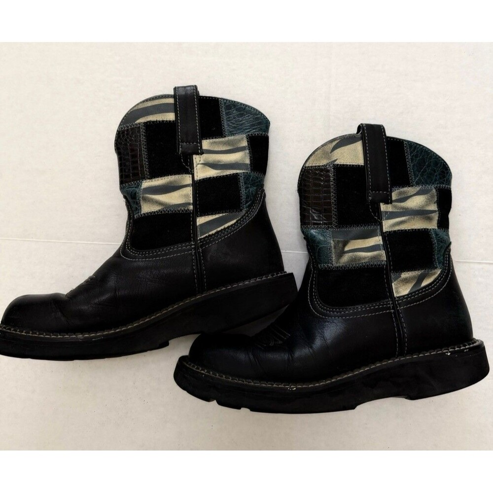 Ariat Black Leather Patchwork Ankle Boots with Metallic Accents